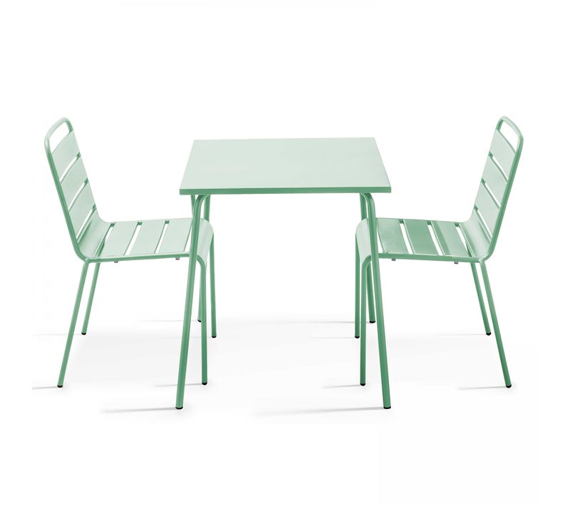 Ensemble Table De Jardin Carrée Et 2 Chaises Acier Vert Sauge Palavas