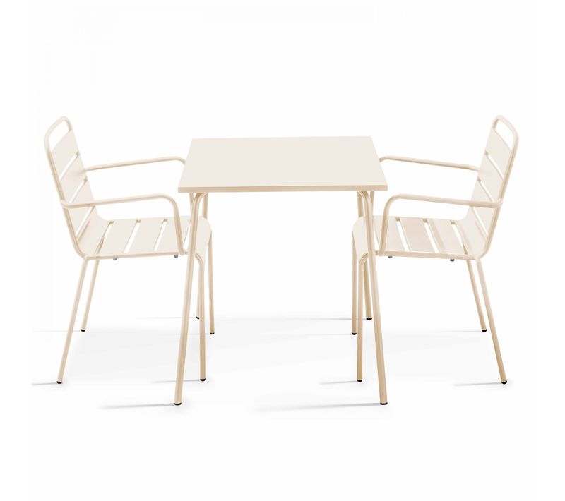 Ensemble Table De Jardin Carrée Et 2 Fauteuils Acier Ivoire Palavas