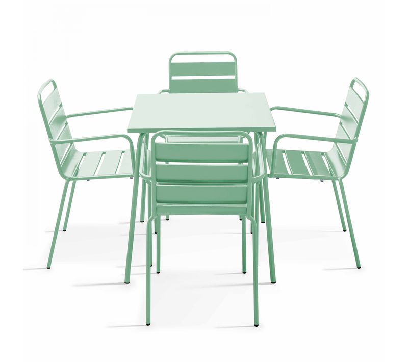 Ensemble Table De Jardin Carrée Et 4 Fauteuils Acier Vert Sauge Palavas