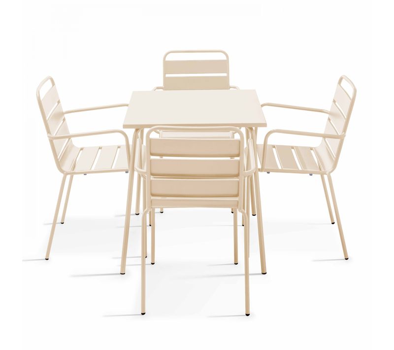 Ensemble Table De Jardin Carrée Et 4 Fauteuils Acier Ivoire Palavas