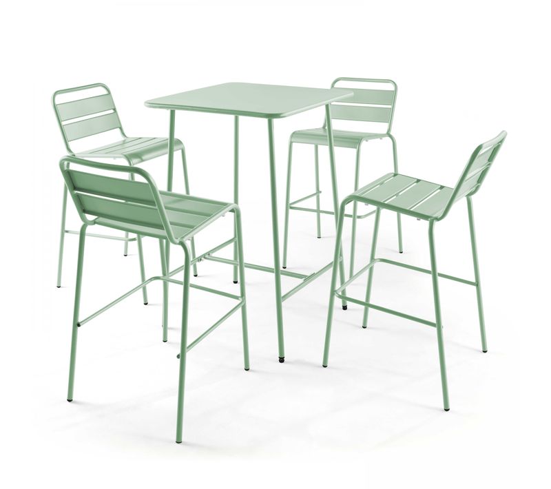 Ensemble Table De Bar Et 4 Chaises Hautes En Métal Vert Sauge Palavas