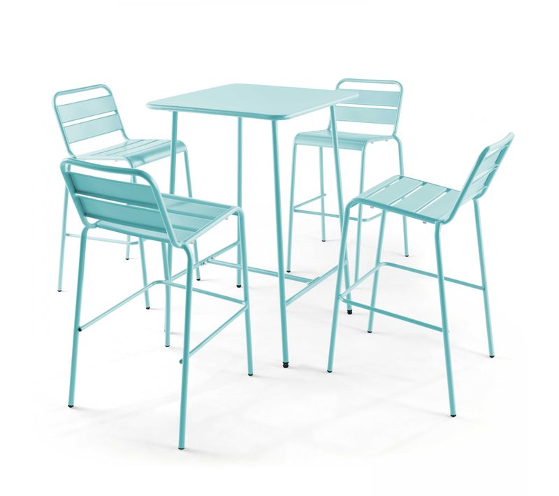Ensemble Table De Bar Et 4 Chaises Hautes En Métal Turquoise Palavas