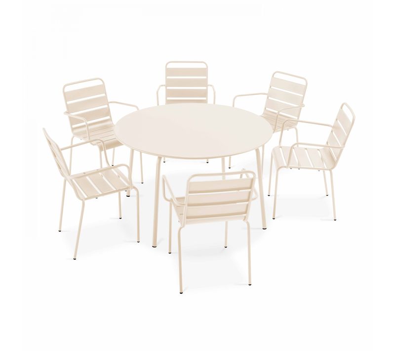Ensemble Table De Jardin Ronde Et 6 Fauteuils Acier Ivoire Palavas