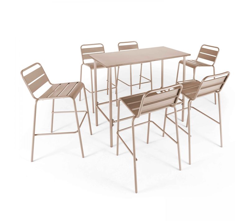 Ensemble Table Haute De Jardin Et 6 Chaises En Métal Taupe Palavas