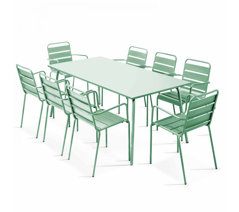 Ensemble Table De Jardin Et 8 Fauteuils En Métal Vert Sauge Palavas