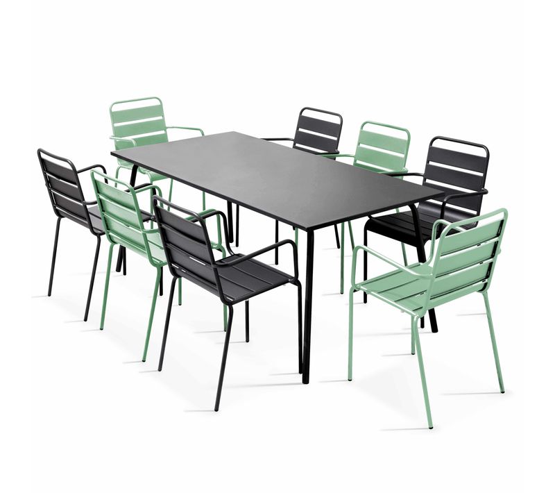 Ensemble Table De Jardin Et 8 Fauteuils En Métal Vert Sauge Et Gris