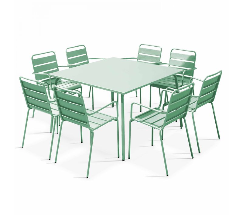 Ensemble Table De Jardin Carrée Et 8 Fauteuils En Métal Vert Sauge