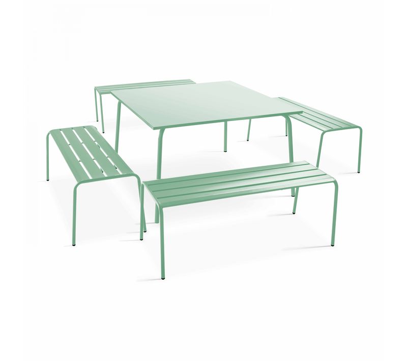 Ensemble Table De Jardin Carrée Et 4 Bancs En Métal Vert Sauge Palavas