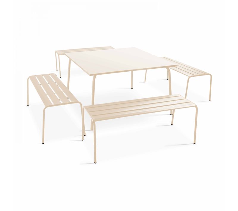 Ensemble Table De Jardin Carrée Et 4 Bancs En Métal Ivoire Palavas