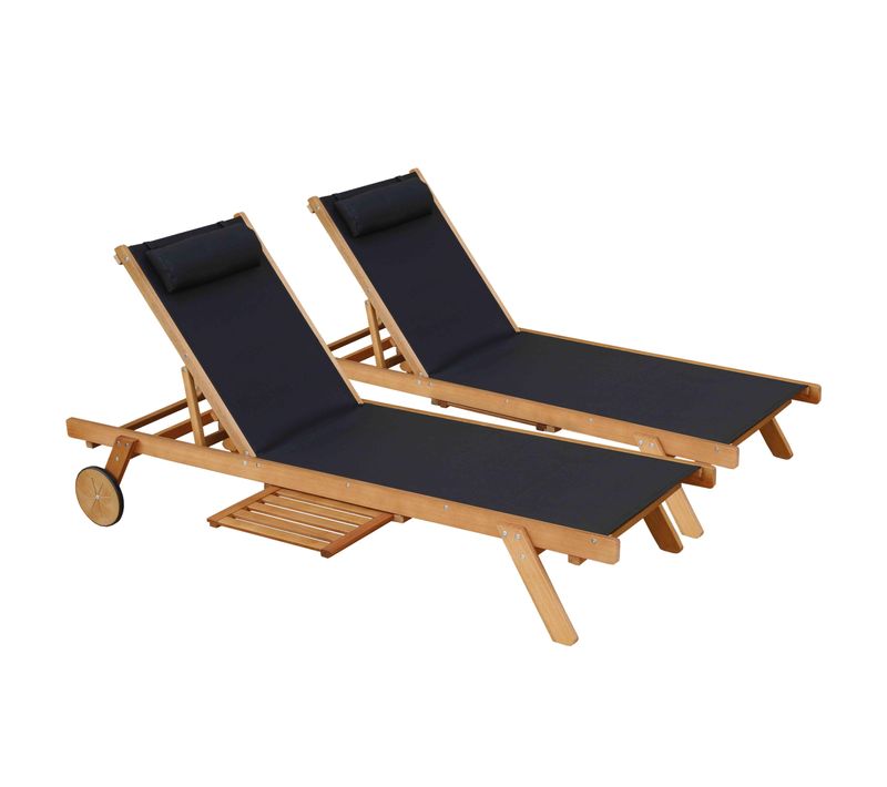 Lot De 2 Bains De Soleil Avec Coussin Et Tablette En Bois Noir Goa