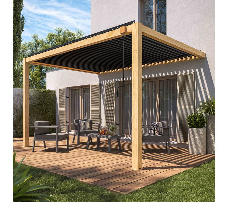 Pergola Bioclimatique Adossée 3 X 4 M En Aluminium Gris Décor Bois