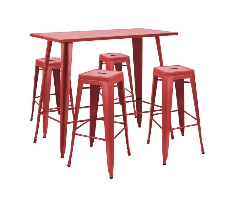 Table Haute De Jardin Et 4 Tabourets En Métal Rouge New York