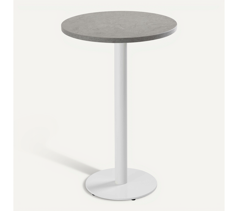 Table Haute Ronde 60 Cm Pied Blanc Et Revêtement Béton Gris Clair Rivoli