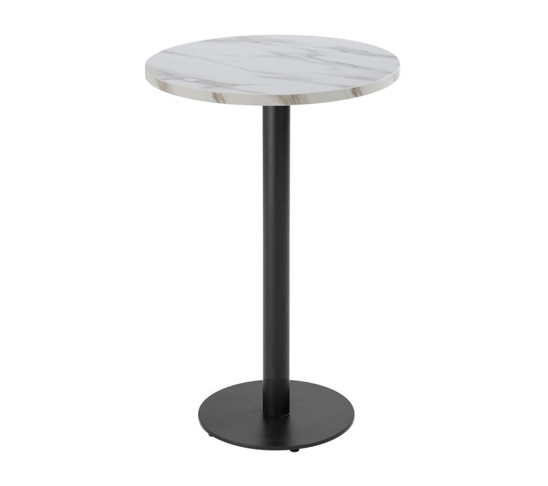Table Haute Ronde 60 Cm Pied Noir Et Revêtement Marbre Blanc Rivoli