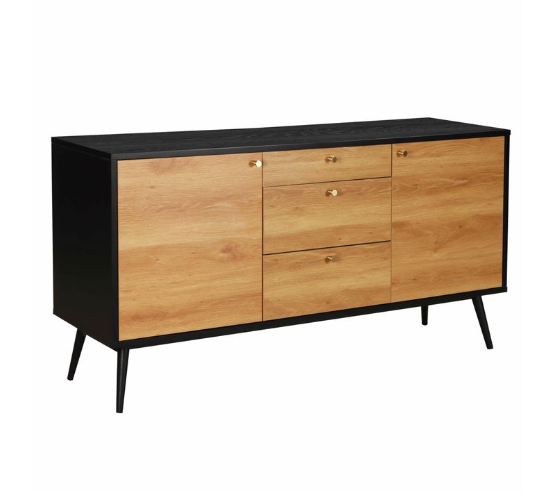 Buffet Scandinave Effet Bois Clair 2 Portes 3 Tiroirs 150 Cm Noir