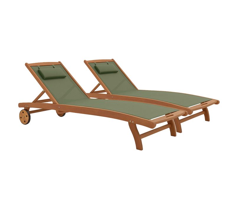 Lot De 2 Bains De Soleil En Bois Inclinable Avec Roues Vert Sauge Aubagne