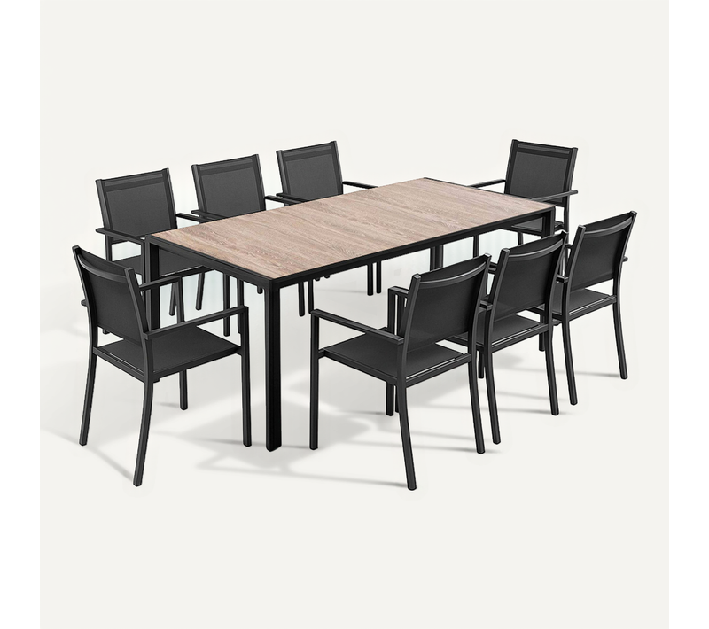 Ensemble Table De Jardin En Aluminium Effet Bois Et 8 Fauteuils Gris