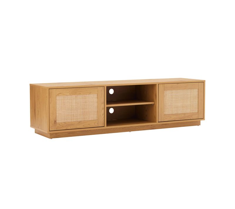 Meuble TV Suspendu En Bois 2 Portes En Rotin L160 Cm Bois Clair  Walter