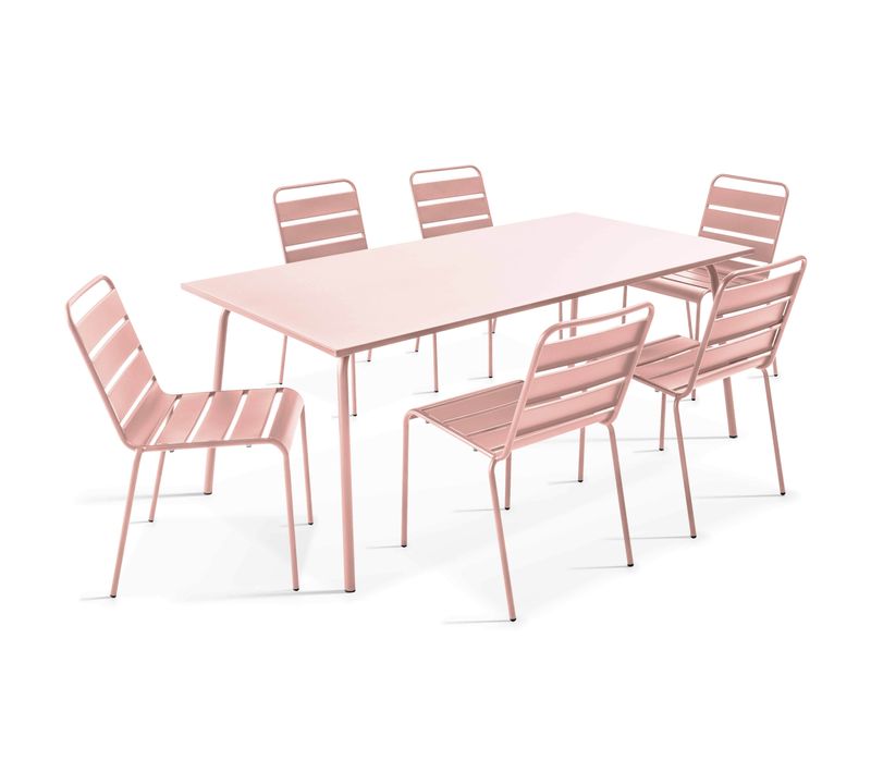 Ensemble Table De Jardin Et 6 Chaises En Métal Rose Poudré Palavas