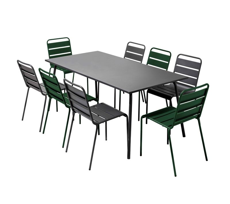 Ensemble Table De Jardin Et 8 Chaises En Métal Gris Et Vert Forêt Palavas