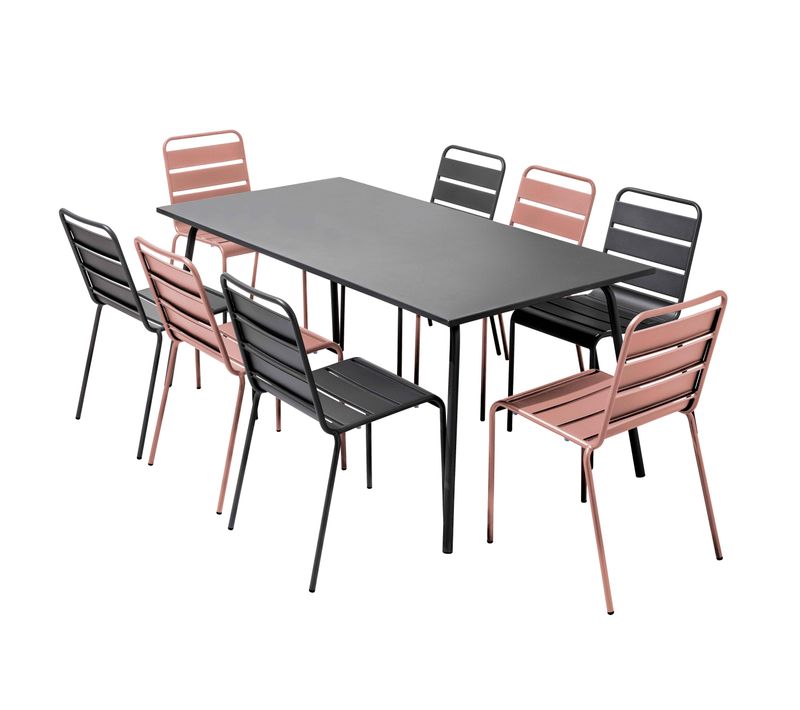 Ensemble Table De Jardin Et 8 Chaises En Métal Gris Et Rose Poudré