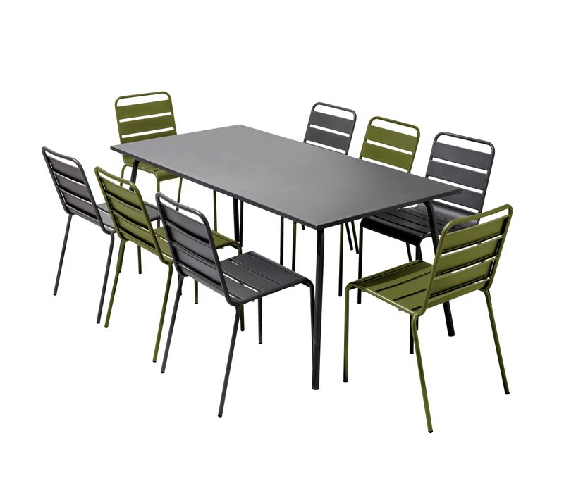 Ensemble Table De Jardin Et 8 Chaises En Métal Gris Et Vert Kaki Palavas
