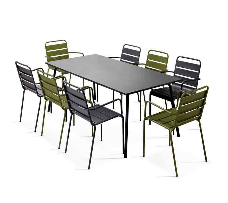 Ensemble Table De Jardin Et 8 Fauteuils En Métal Vert Kaki Palavas