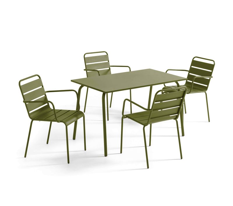 Ensemble Table De Jardin Et 4 Fauteuils En Métal Vert Kaki Palavas