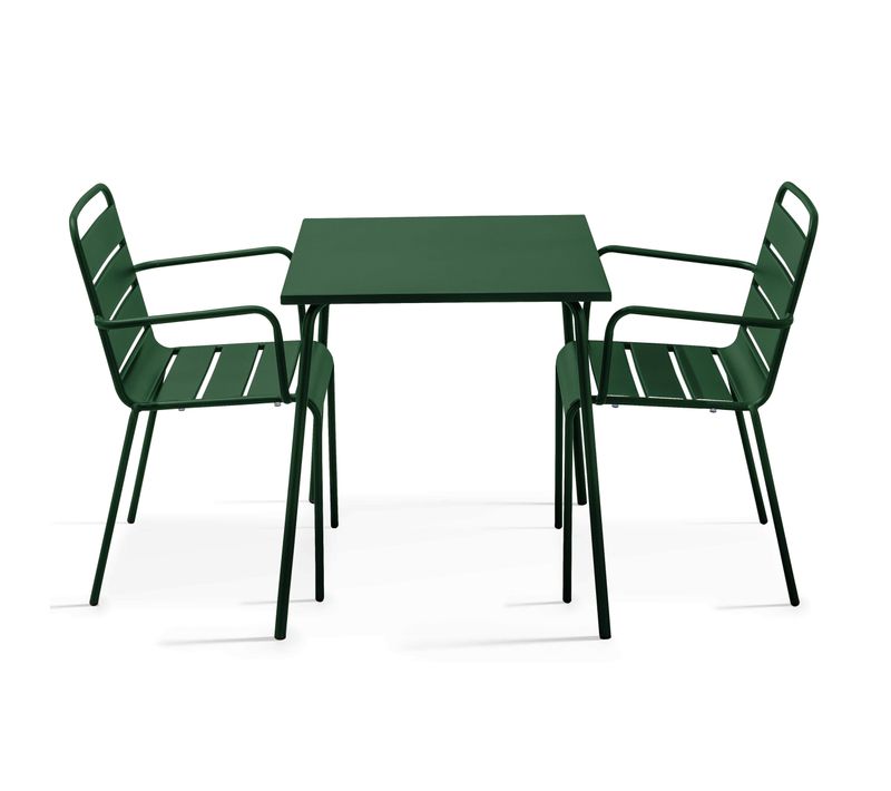 Ensemble Table De Jardin Carrée Et 2 Fauteuils Acier 70 Cm Vert Forêt