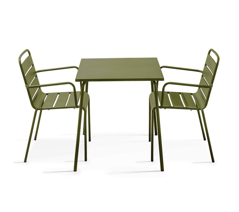 Ensemble Table De Jardin Carrée Et 2 Fauteuils Acier 70 Cm Vert Kaki
