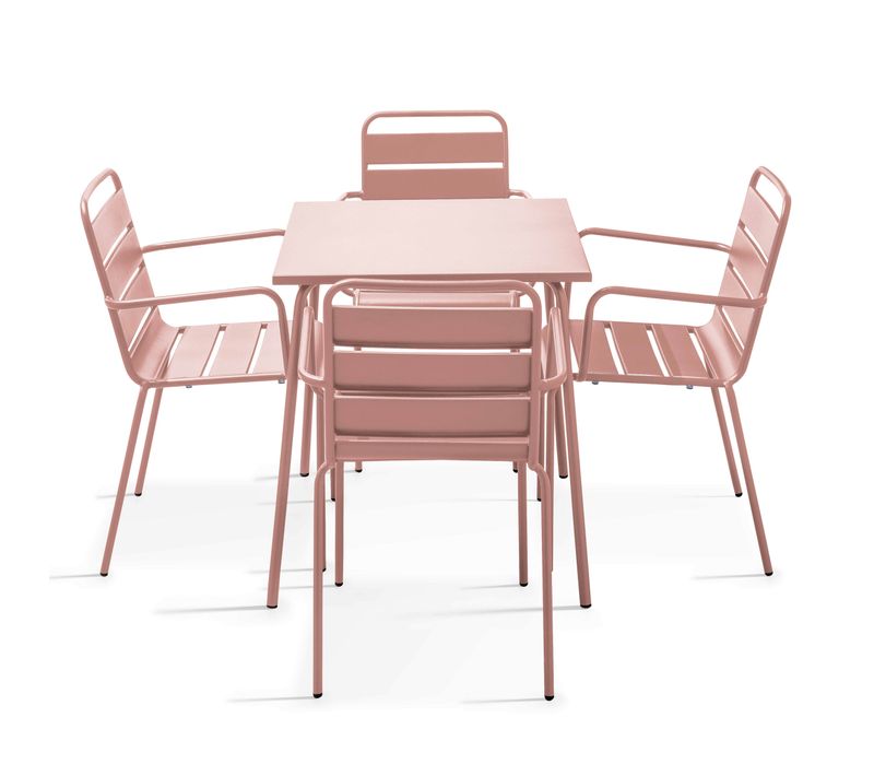 Ensemble Table De Jardin Carrée Et 4 Fauteuils Acier 70 Cm Rose Poudré