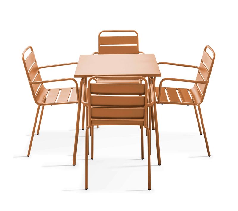 Ensemble Table De Jardin Carrée Et 4 Fauteuils Acier Caramel Palavas