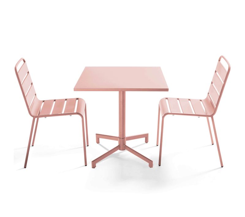 Ensemble Table 70 Cm Et 2 Chaises De Jardin En Métal Rose Poudré Palavas
