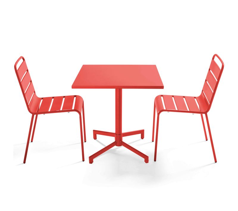 Ensemble Table 70 Cm Et 2 Chaises De Jardin En Métal Rouge Palavas