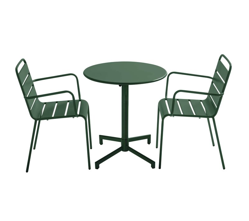 Ensemble Table De Jardin Et 2 Fauteuils En Métal Vert Forêt Palavas