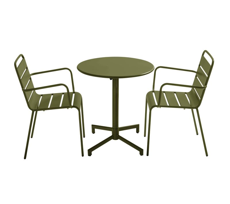 Ensemble Table De Jardin Et 2 Fauteuils En Métal Vert Kaki Palavas