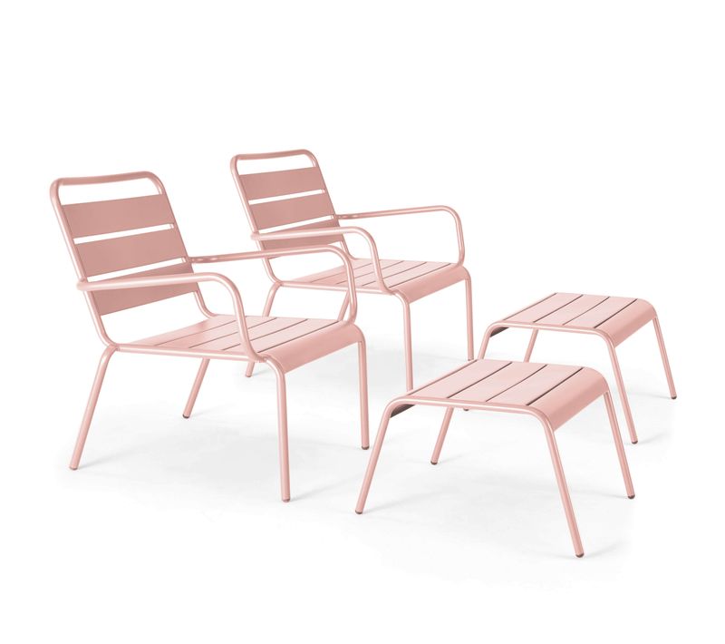 Lot De 2 Fauteuils Relax Avec Repose-pieds En Métal Rose Poudré Palavas