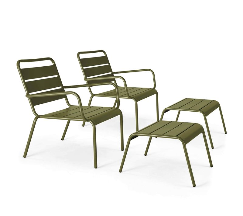 Lot De 2 Fauteuils Relax Avec Repose-pieds En Métal Vert Kaki Palavas
