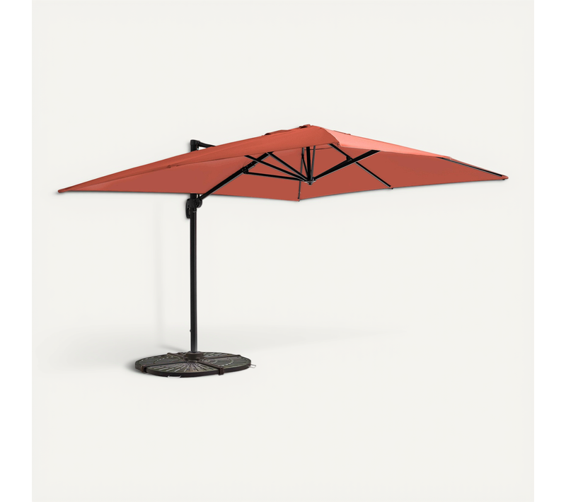 Parasol Déporté 3x4m Inclinable Rotatif + 4 Dalles Lestées Terracotta