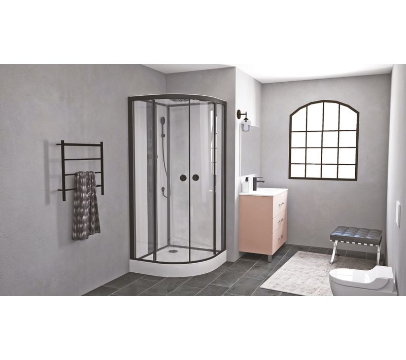 Cabine De Douche Hydromassante - Radio - Nogea - Sans Silicone - Noir Mat - 1/4 Cercle 90cm