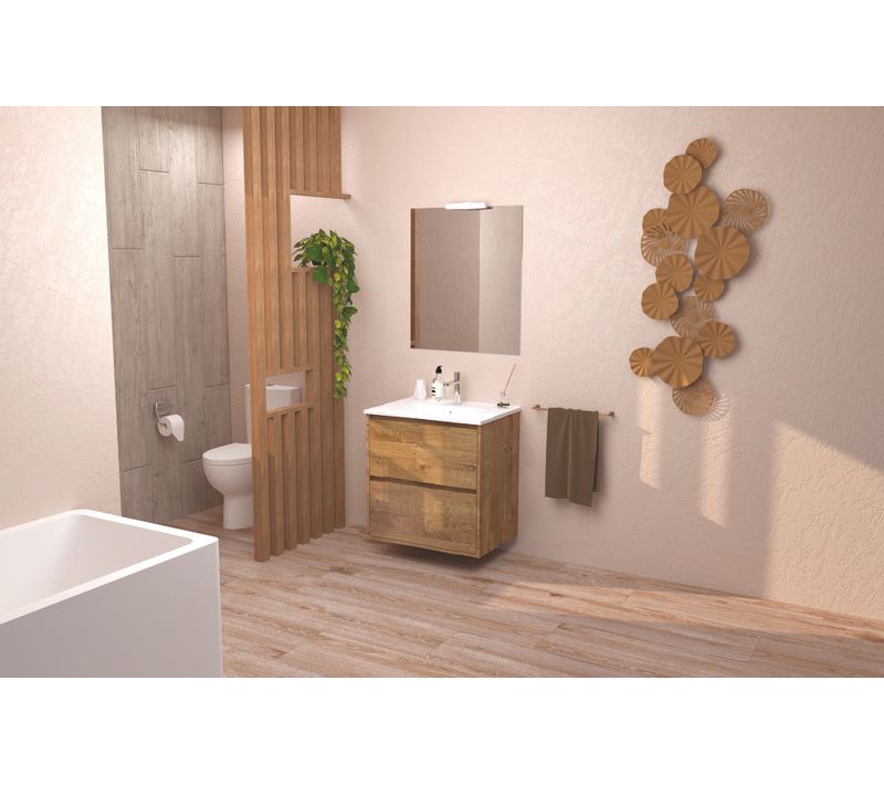 Meuble Salle De Bain Belis - à Suspendre - Miroir Suspendu - 80cm Finition Bois