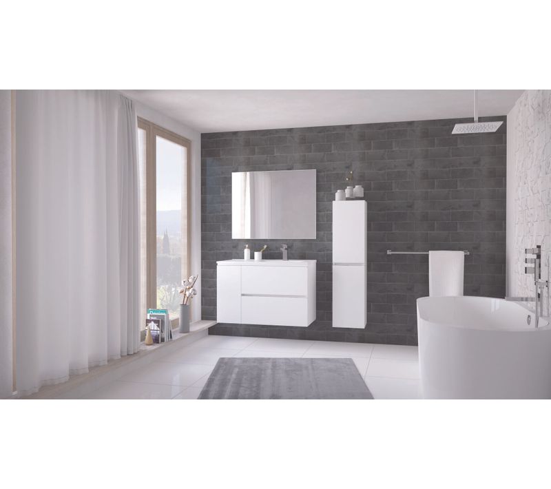 Meuble Salle De Bain Suspendu Trendy - 2 Tiroirs 1 Porte - 90cm - Finition Blanc Mat - Vasque
