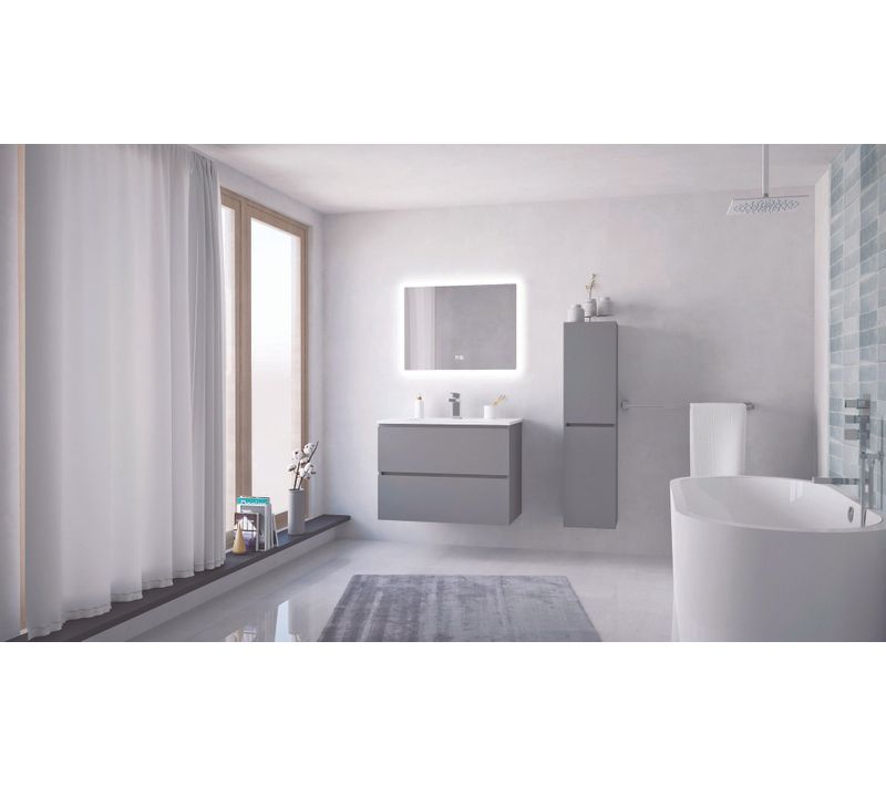 Meuble Salle De Bain à Suspendre Trendy - 80cm -2 Tiroirs - Gris - Plan Blan