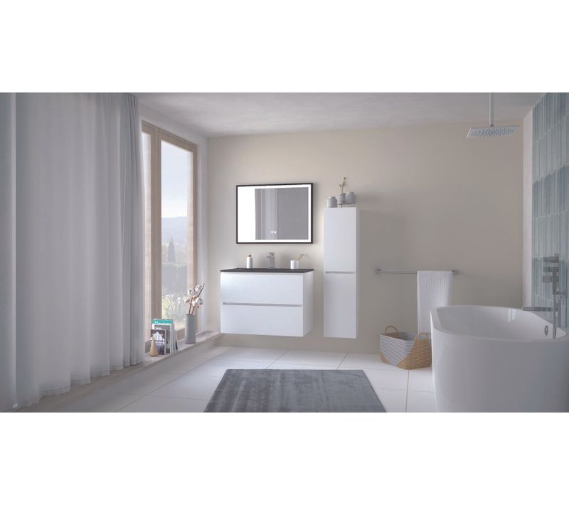 Meuble Salle De Bain à Suspendre Trendy - 80cm -2 Tiroirs - Blanc Mat- Plan Noir