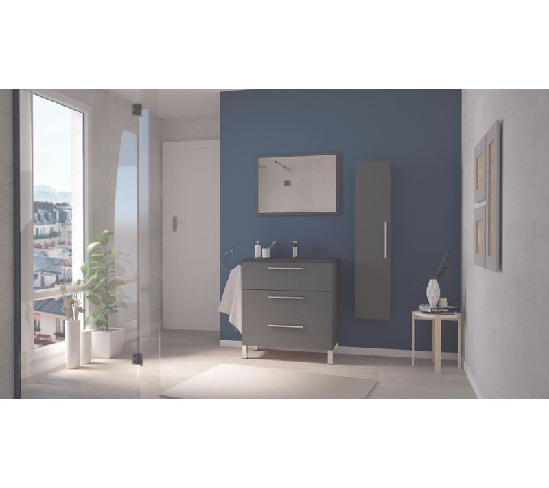 Meuble Salle De Bain à Poser Pallas - 80cm - Gris - Plan Vasque Noir