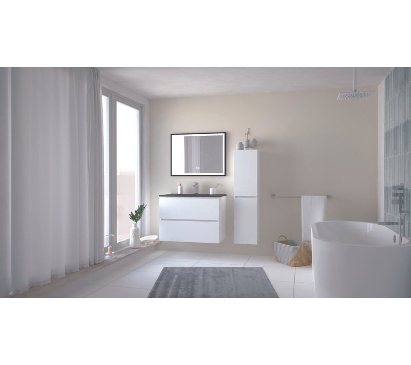 Meuble Salle De Bain Trendy - 80 Cm - Blanc Brillant - 2 Tiroirs - Plan Noir + Miroir Selena