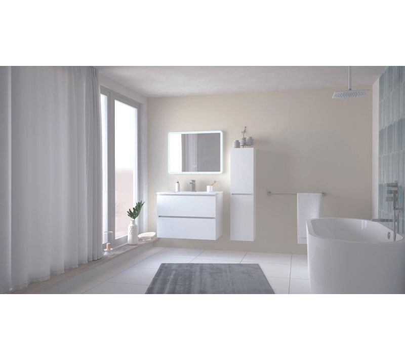 Meuble Salle De Bain Trendy - 80 Cm - Blanc Mat - 2 Tiroirs - Miroir Athena