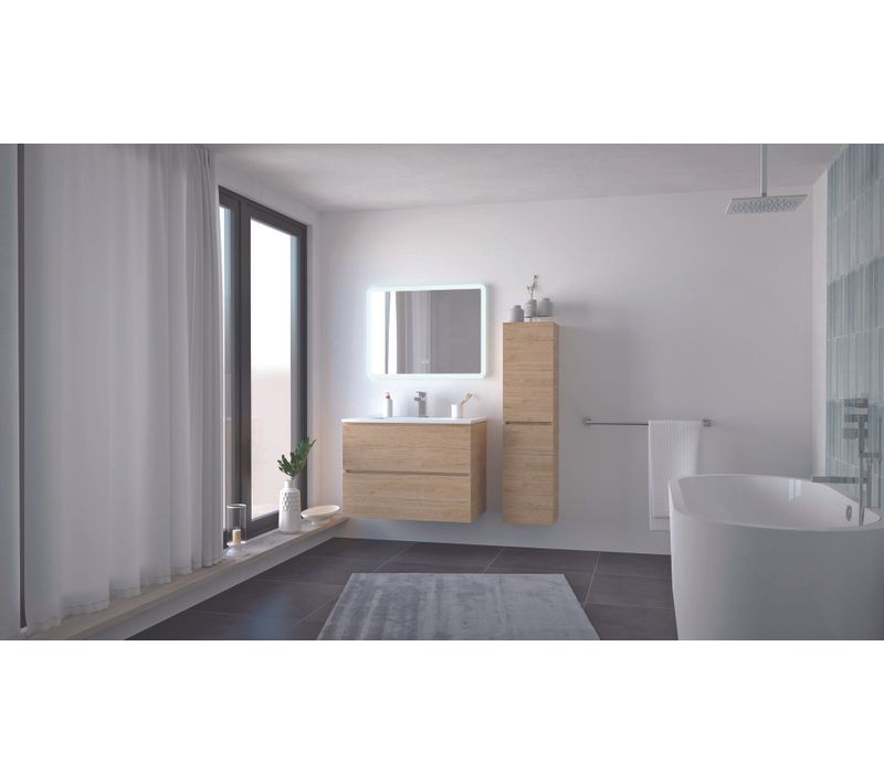 Meuble Salle De Bain Trendy - 80 Cm - Bois - 2 Tiroirs - Miroir Athena