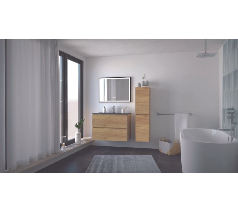 Meuble Salle De Bain Trendy  -80 Cm - Bois - 2 Tiroirs - Plan Noir + Miroir Selena