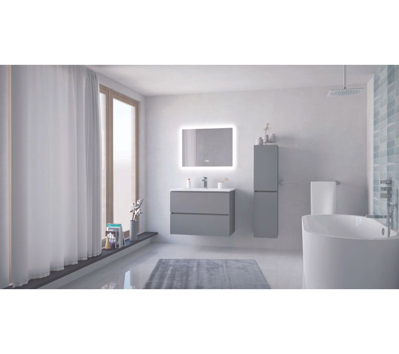 Meuble Salle De Bain Trendy - 80 Cm - Gris - 2 Tiroirs - Miroir Athena